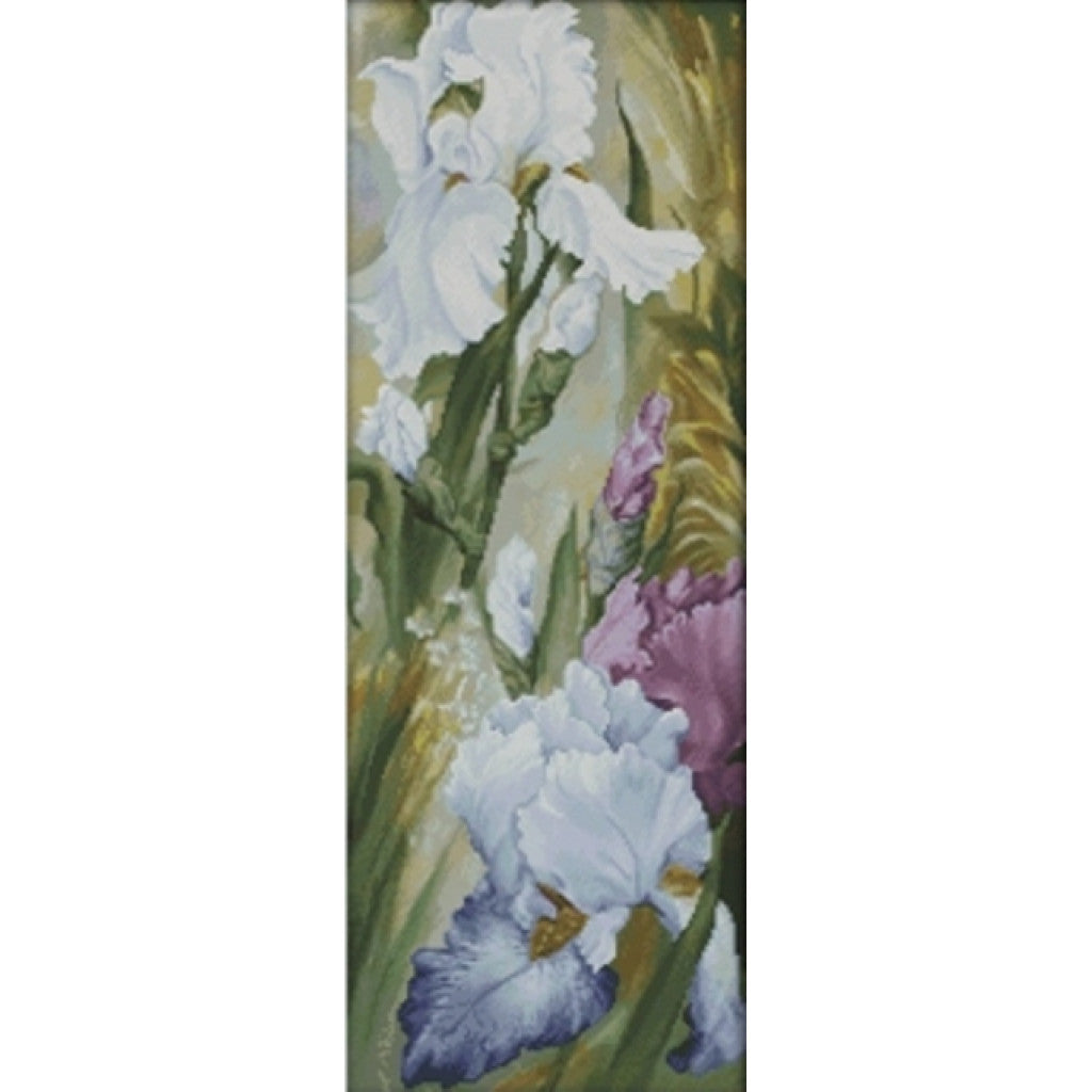 Tapestry with white and purple flowers on a white background
