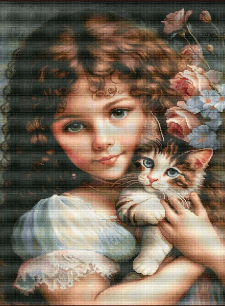 Painting of a young girl holding a cat with flowers in her hair