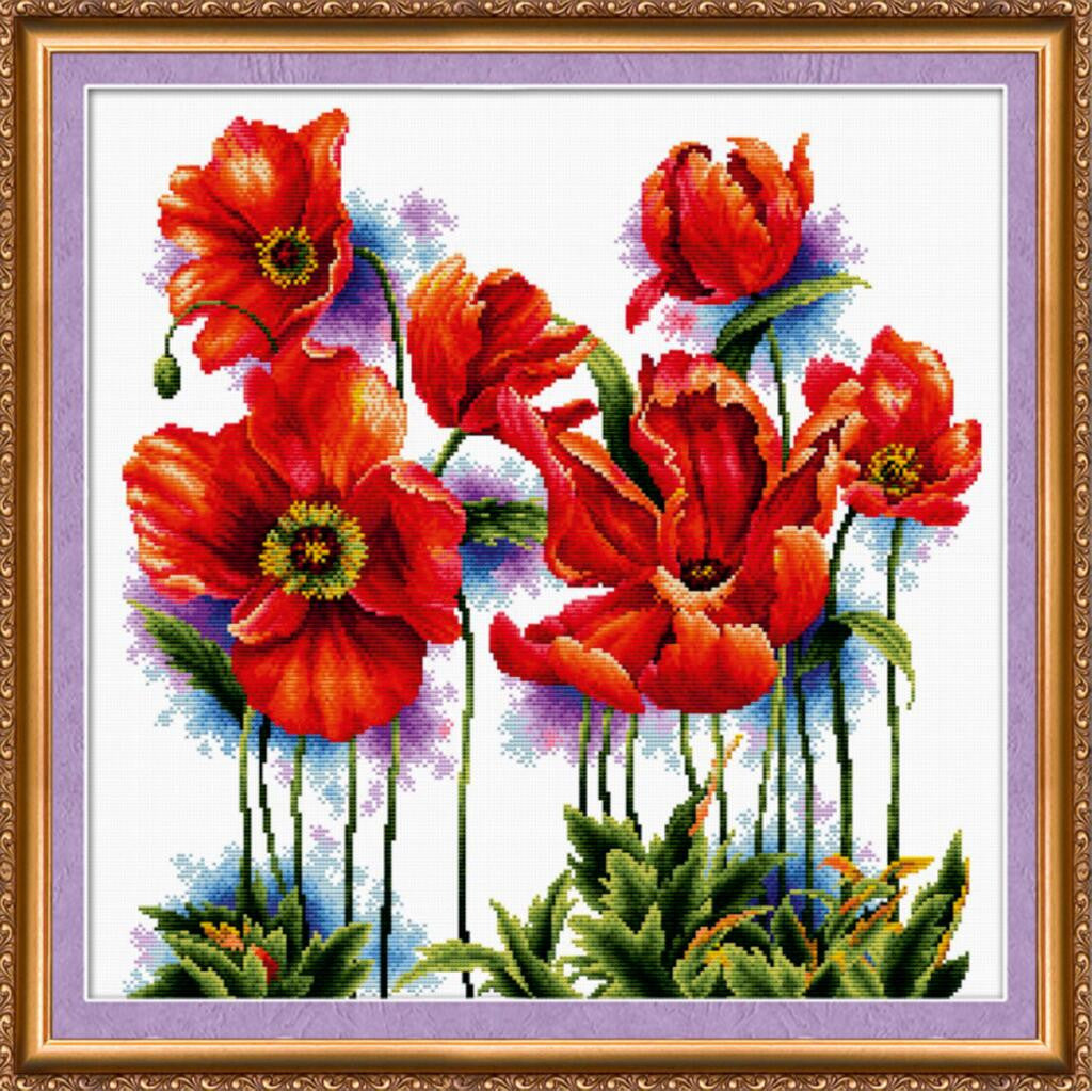 Kit point de croix compté Coquelicots écarlates DIY Toile non imprimée