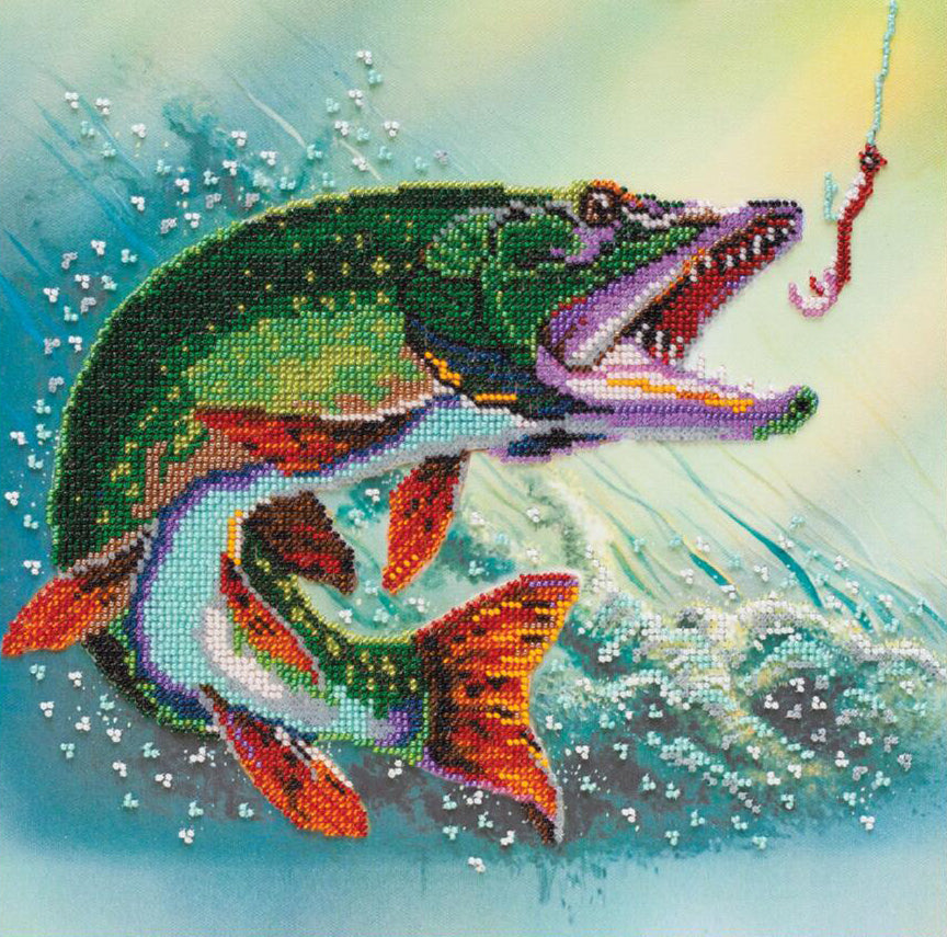 Colorful fish design on a diamond painting canvas with a fishing hook.