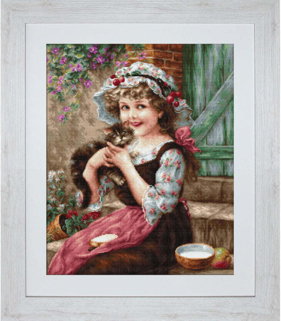 Counted Cross stitch kit Girl with a kitten DIY Luca-S