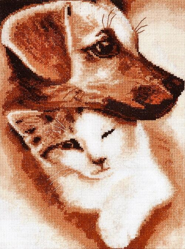 Kit de point de croix compté Chien avec chat DIY Toile non imprimée