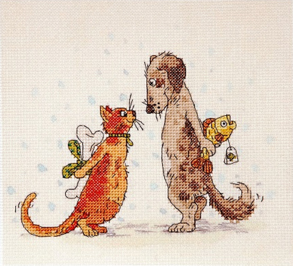 Counted Cross Stitch Kit Cat with dog DIY Alisena