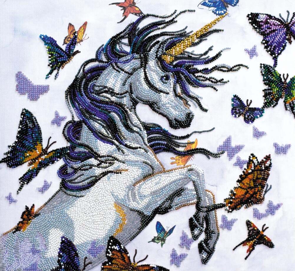 Decorative unicorn with colorful butterflies on a white background