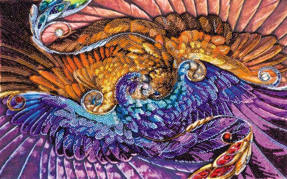 Colorful parrot with detailed beak design on a textured background