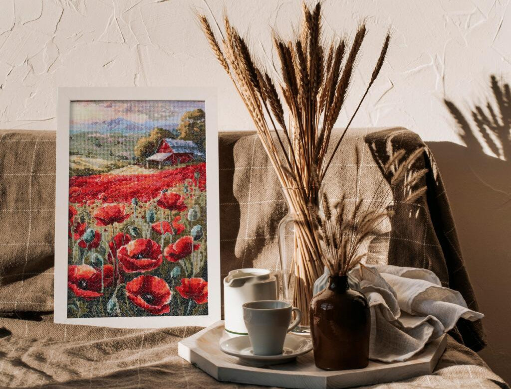 Kit de point de croix compté Champ de coquelicots DIY Toile non imprimée