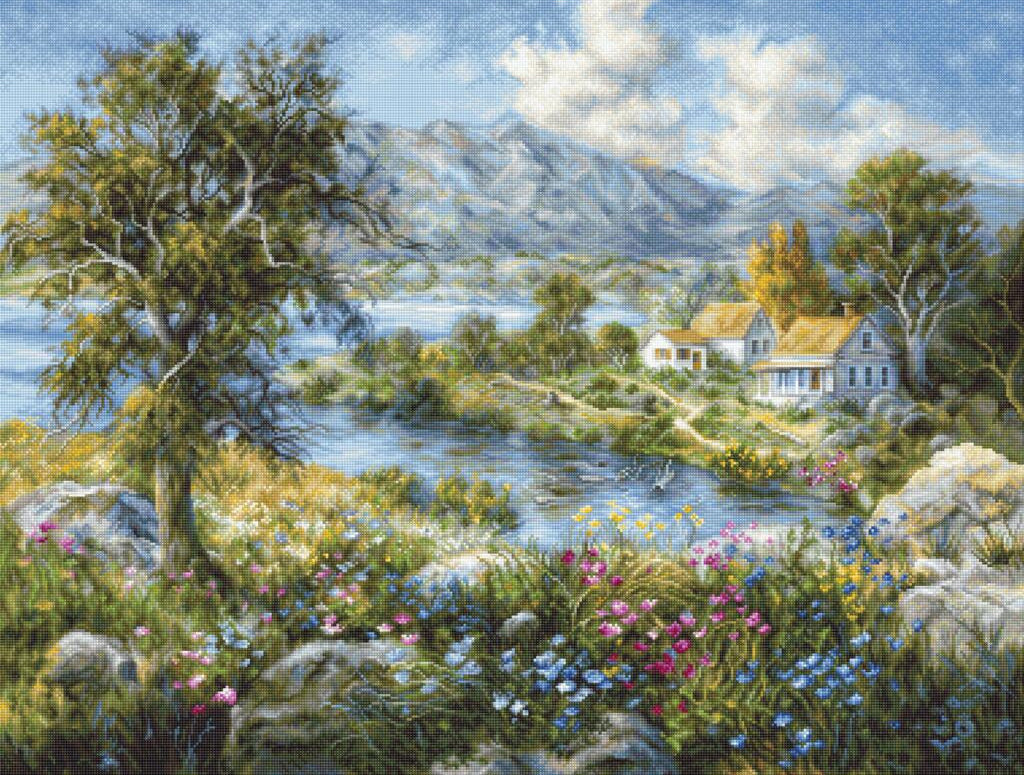 Kreuzstichset „Enchanted Cottage“ zum Selbermachen, Luca-S, unbedruckte Leinwand