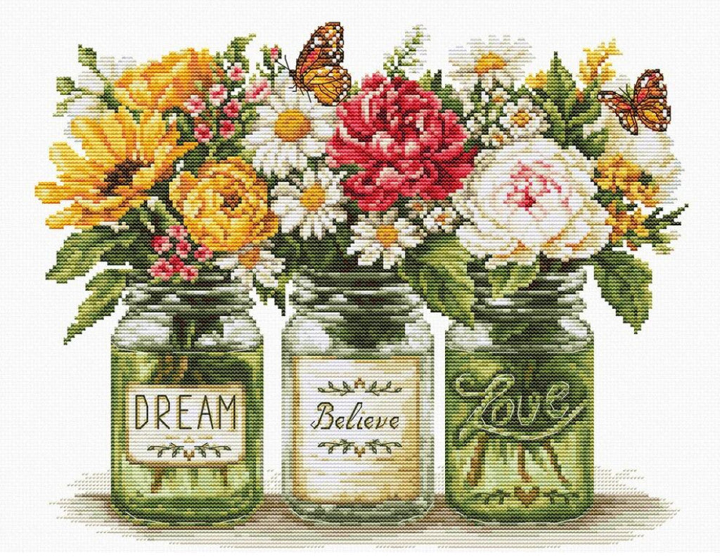 A cross-stitch style floral design featuring three mason jar vases filled with sunflowers, daisies, red peonies, white flowers, and butterflies. The jars are labeled 'DREAM', 'Believe', and 'Love' on a white background.