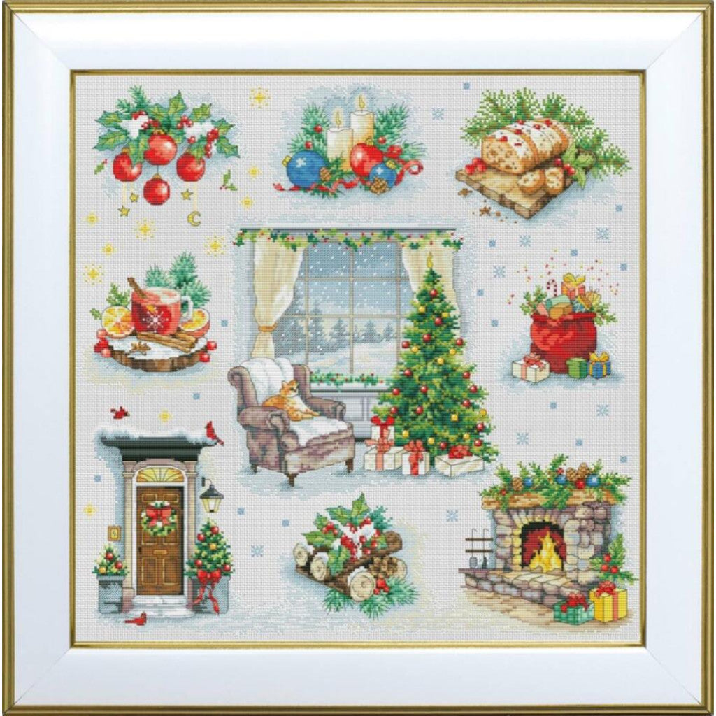 Decorative Christmas scene with a fireplace, tree, and presents on a white background.