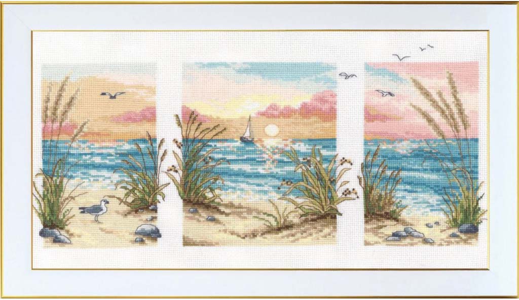 Triptych of beach scenes with seagulls and grasses, framed by a gold border.