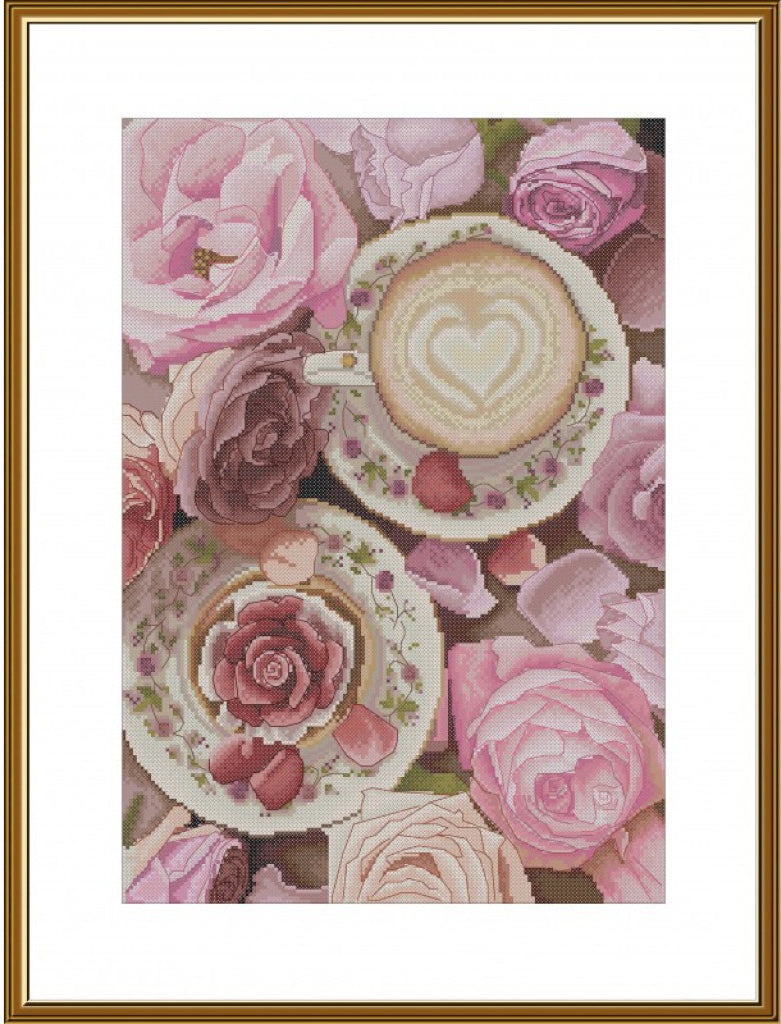 Counted Cross Stitch Kit Roses and coffee DIY Nova Sloboda