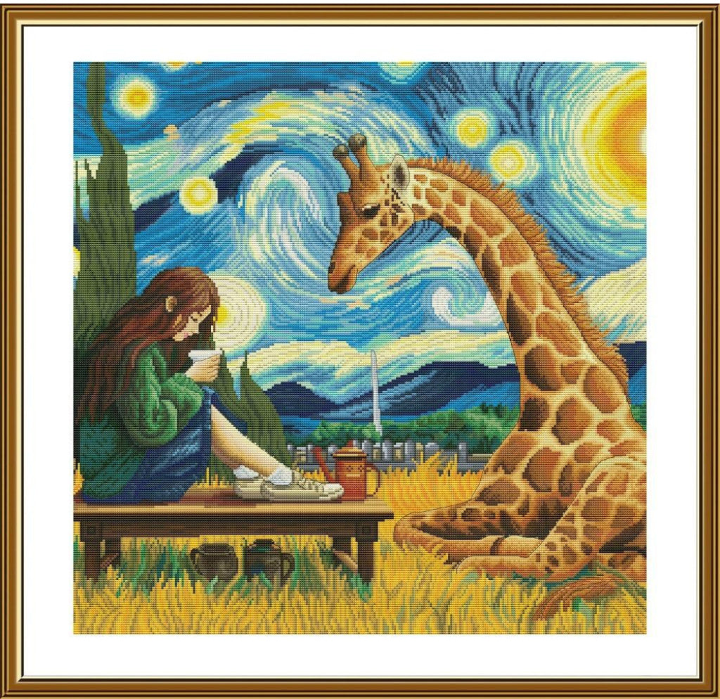 Counted Cross Stitch Kit Girl with a Giraffe DIY Nova Sloboda