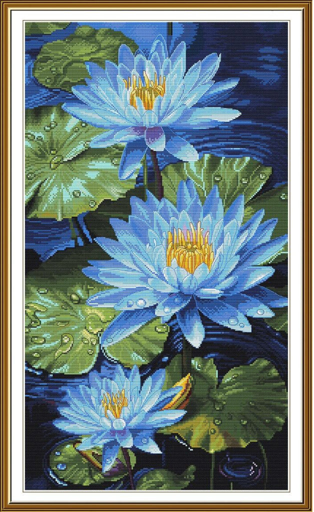 Counted Cross Stitch Kit Blue Lotuses Flowers DIY Nova Sloboda