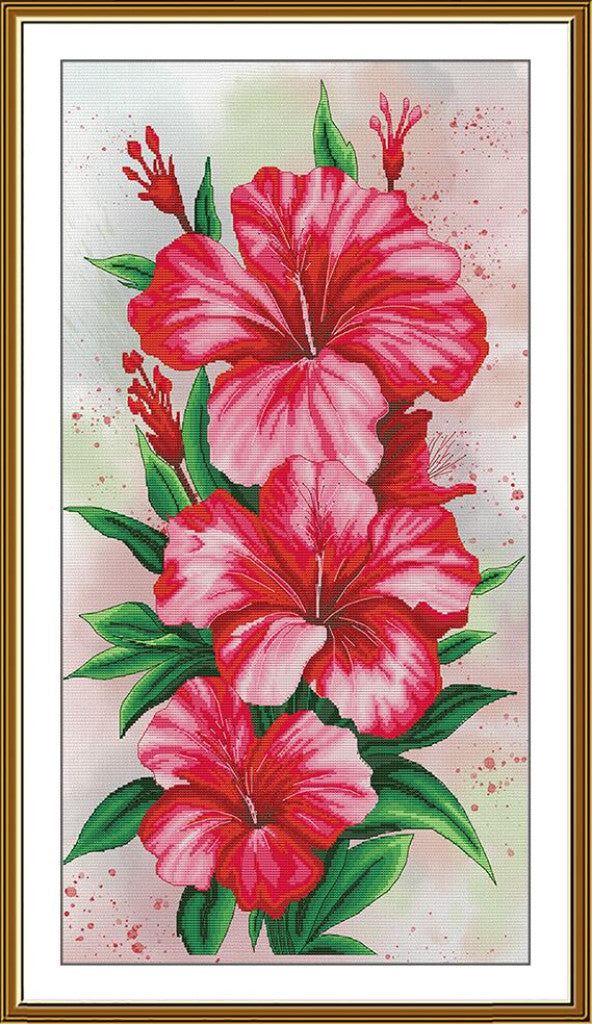 Kreuzstichset mit Zählmuster, Hibiskusblüten, DIY, unbedruckte Leinwand