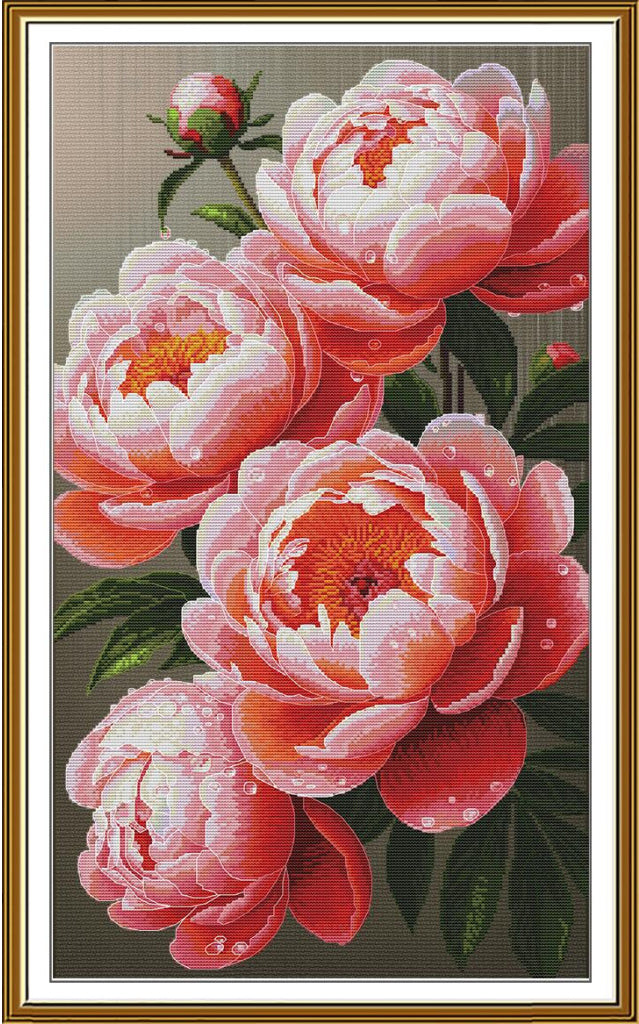 A framed floral artwork featuring large pink peony blossoms with green leaves on a muted gray-brown background, enclosed in a gold-toned frame.