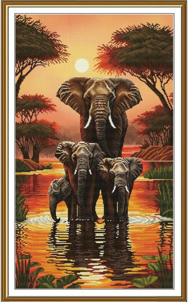 A framed vertical art print depicting a family of elephants standing in reflective water at sunset, with acacia trees and a warm orange sky.