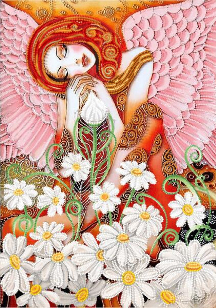 Colorful artwork of an angel surrounded by flowers