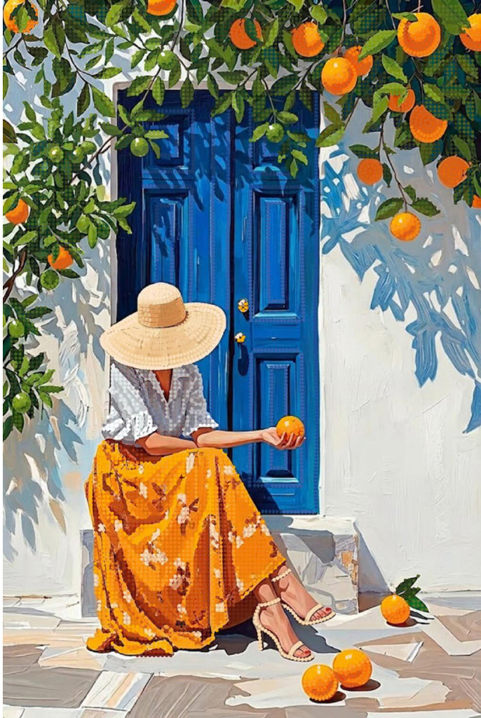 A painted scene of a woman in a straw hat and orange floral skirt sitting by a bright blue door, surrounded by orange trees with ripe oranges on a sunlit white wall.