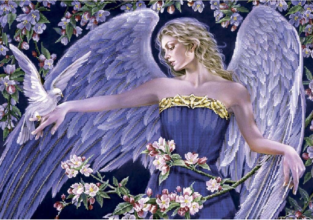 Angel with outstretched wings surrounded by flowers on a dark background