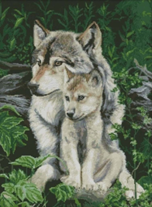 Two wolves sitting together in a forest setting