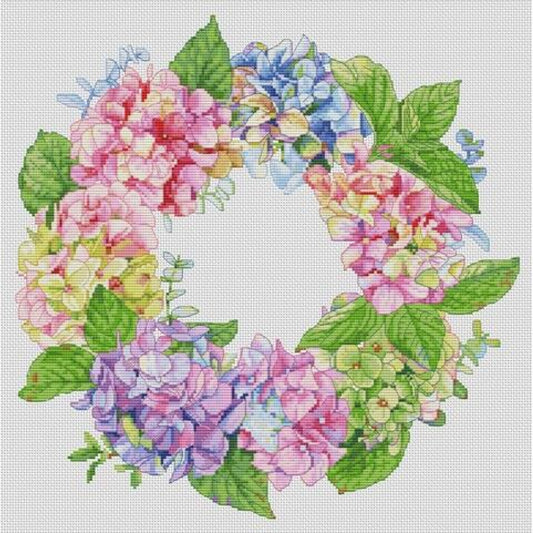 Floral wreath with pink, purple, and green flowers on a light gray background