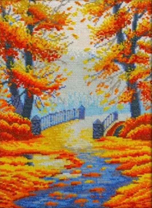 Cross-stitched or pixelated artwork of a autumnal scene with trees, a path, and a gate.