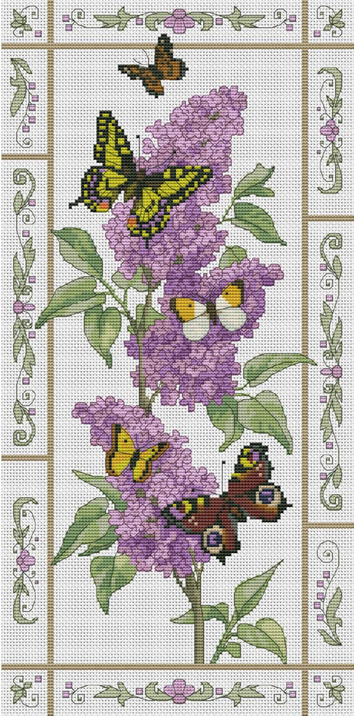 Kreuzstichset „Flieder und Schmetterlinge“ zum Selbermachen, unbedruckte Leinwand 