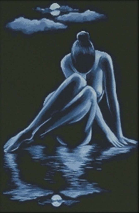 Surreal artwork of a nude figure sitting on a dark surface with a moonlit sky.