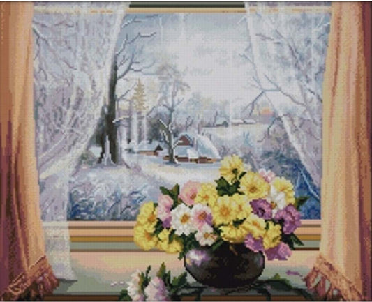 Decorative tapestry with a winter scene and floral arrangement.