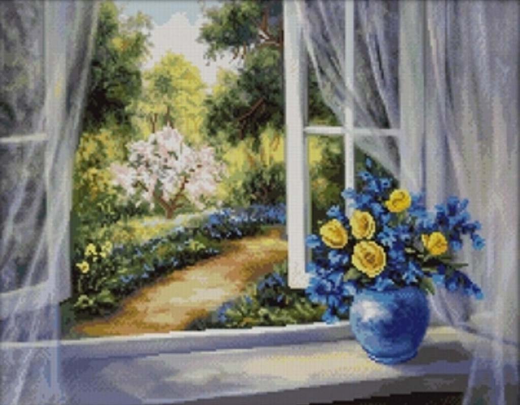 Painting of a window with floral arrangement and garden view