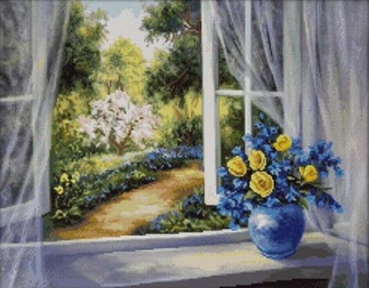Painting of a window with floral arrangement and garden view