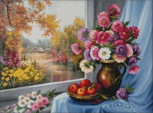 Decorative painting of flowers and fruits on a table with a window view.