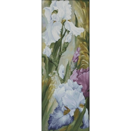 Tapestry with white and purple flowers on a white background