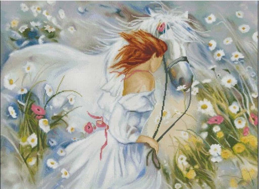 Woman with red hair riding a white horse in a field of flowers