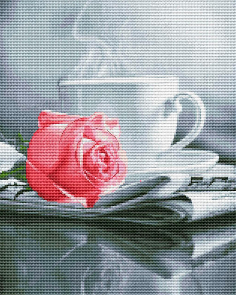 Kreuzstichset „Rose mit Tee“ zum Selbermachen, unbedruckte Leinwand 