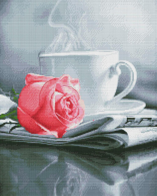 Kreuzstichset „Rose mit Tee“ zum Selbermachen, unbedruckte Leinwand 
