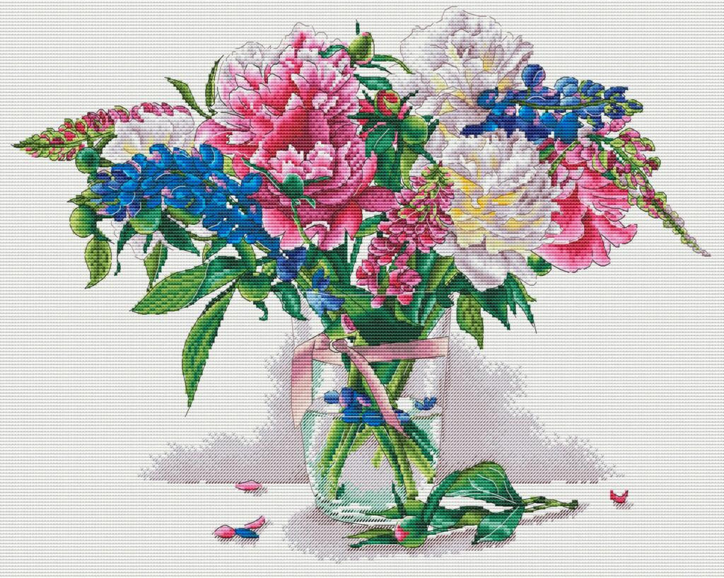 Kreuzstichset mit Pfingstrosen und Blumen, zum Selbermachen, unbedruckte Leinwand 
