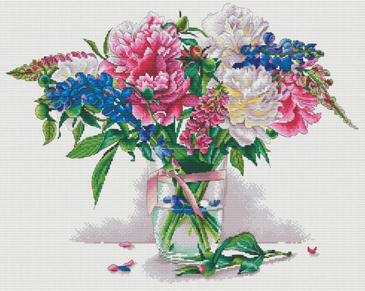 Kreuzstichset mit Pfingstrosen und Blumen, zum Selbermachen, unbedruckte Leinwand 