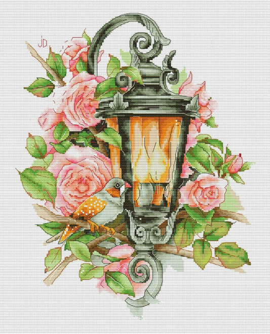 Kreuzstichset „Laterne in den Rosen“ zum Selbermachen, unbedruckte Leinwand 