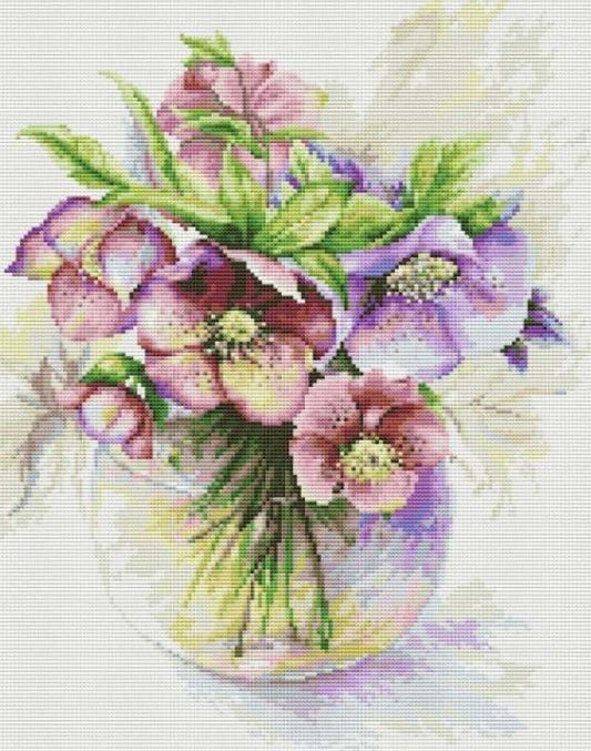 Cross-stitched pattern of a bouquet of flowers in a vase on a white background