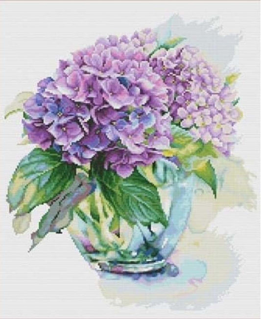 Cross-stitched pattern of purple flowers in a glass vase