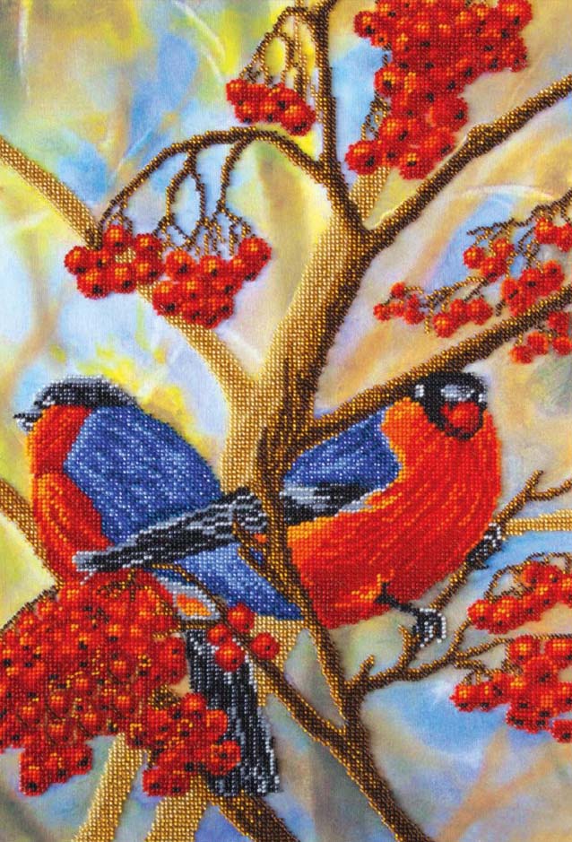 Cross-stitched design of two birds perched on a branch with red berries against a light background