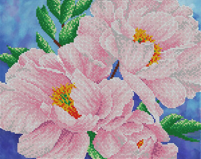 A completed bead embroidery kit depicting pink peonies flowers with green leaves on a blue background.