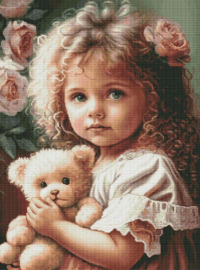Painting of a young girl holding a teddy bear with flowers in her hair