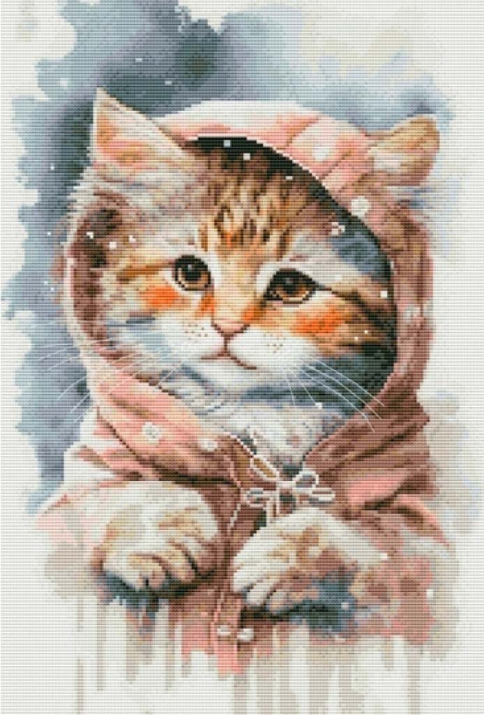 Cat in a pink hood with snowflakes in the background