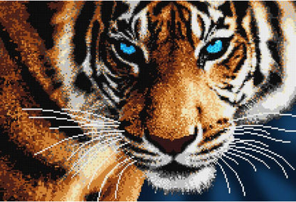 A close-up image of a tiger's face with blue eyes, representing the design that comes with the bead embroidery kit.