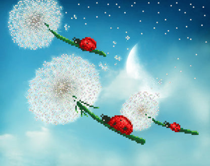 A bead embroidery kit depicting white dandelions with red ladybugs against a blue sky with clouds and stars.