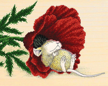 A bead embroidery kit depicting a mouse in a floral setting with red petals and green leaves.