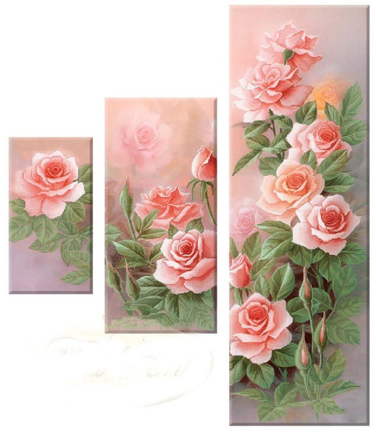 Set of three floral paintings with pink roses on a white background