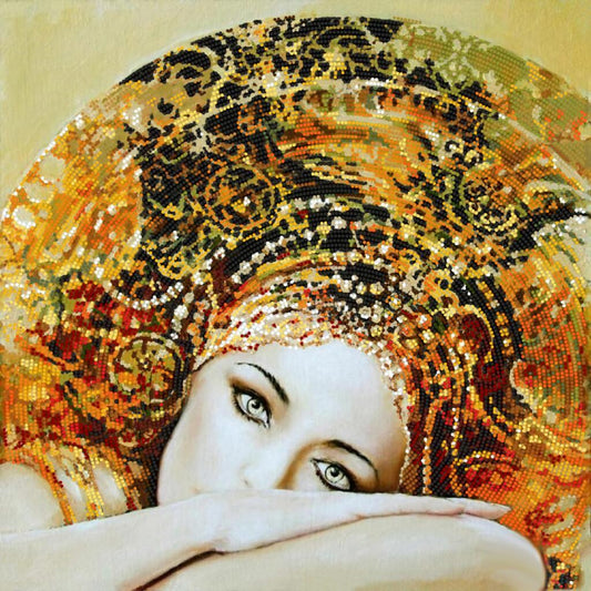 Woman with decorative headdress made of beads and sequins